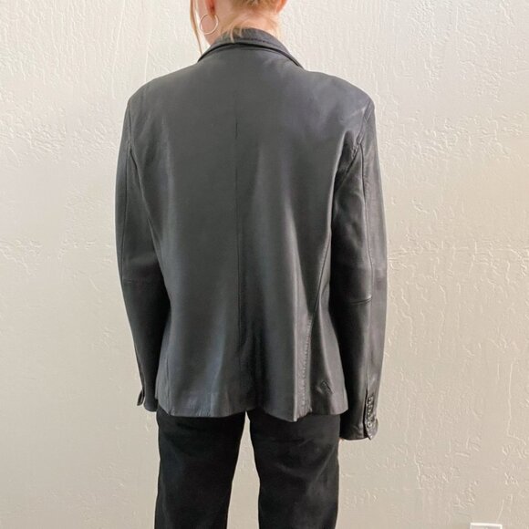 Vintage 1990's Black 100% Leather Button Up Blazer Style Jacket - Picture 4 of 6